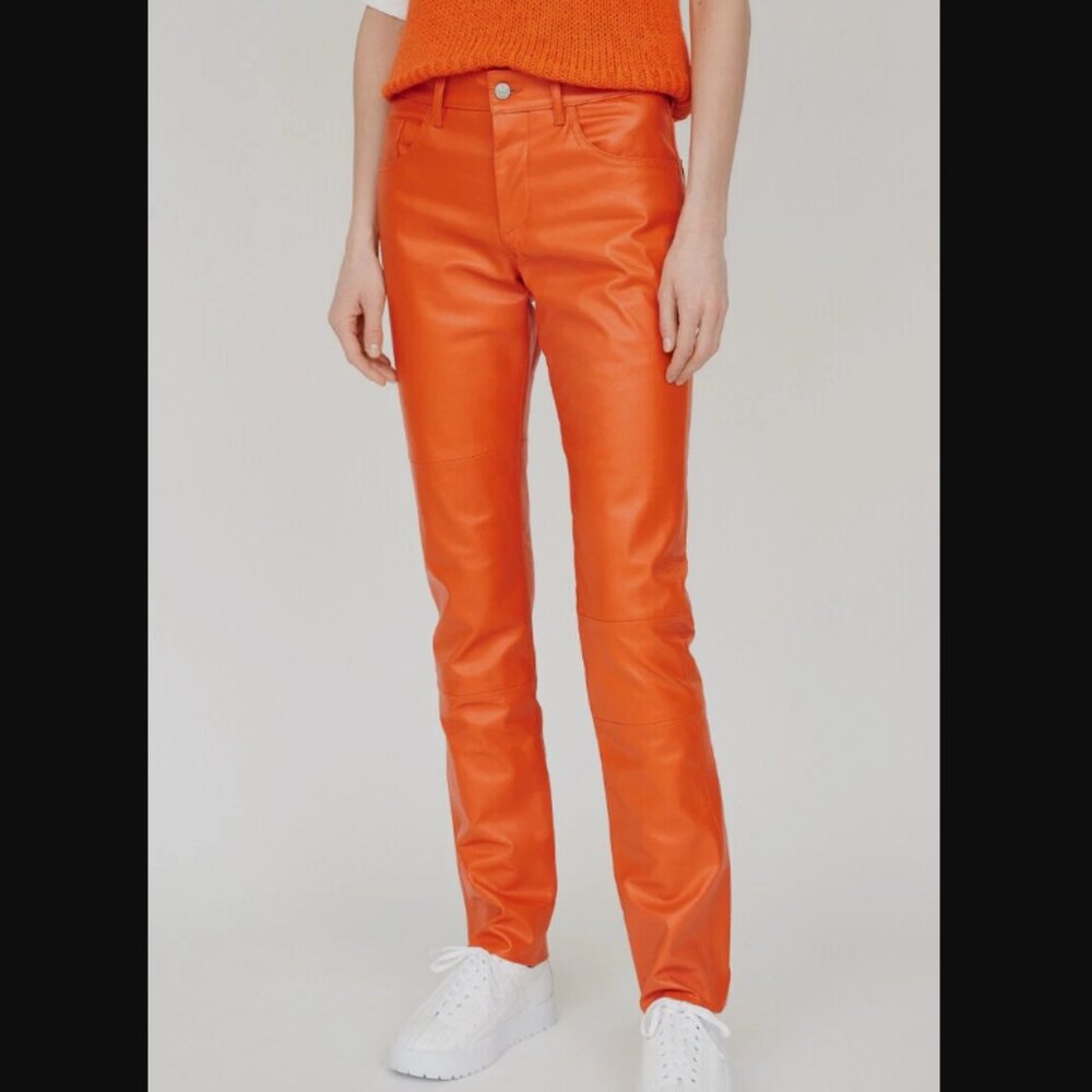 MM6 Maison Martin Margiela Straight Leg Leather Pants in Orange Size 2
